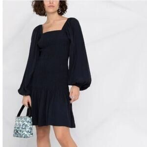 GANNI Dress Navy Smocked Balloon Sleeve Mini Dress Size M-L